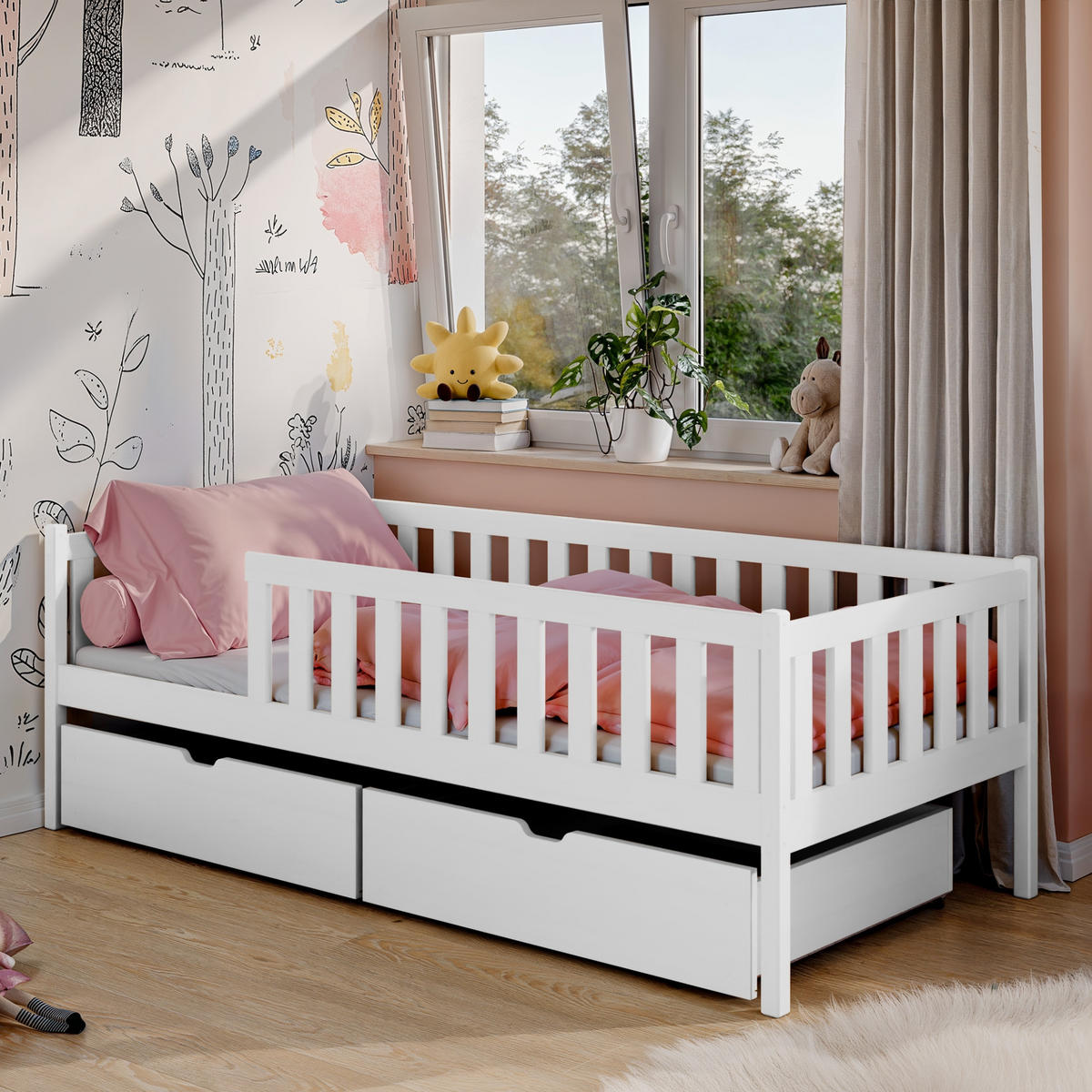 KINDERBETT mit zwei Schubladen, Rausfallschutz und Lattenrost 90x200 in weiß - Weiß, Holz - Kids Collective