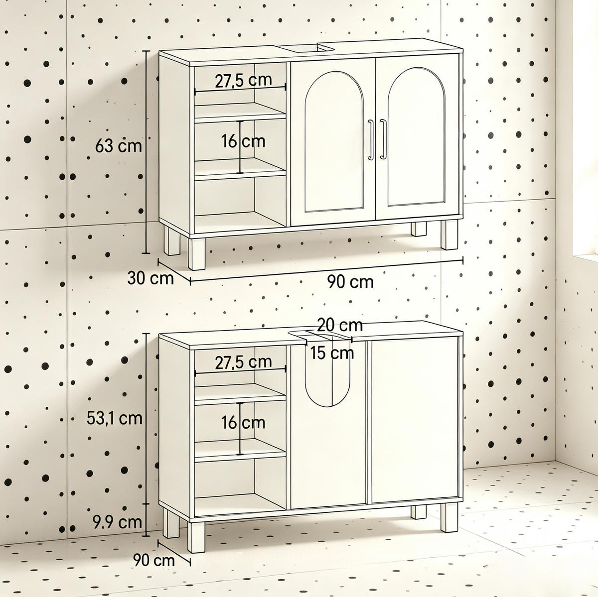 BADEZIMMERSCHRANK MDF Spanplatte 90x30x63 cm Creme Waschtischunterschrank mit Stauraum und U-Schnitt - Creme, Holzwerkstoff (90/63/30cm) - Modfu