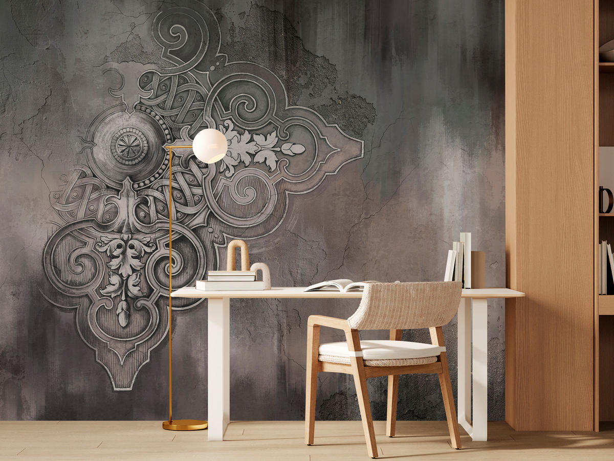 FOTOTAPETE für Wohnzimmer Retro Ornament Betonwand 250x175 - Schwarz/Braun, Papier (250/175cm) - Muralo