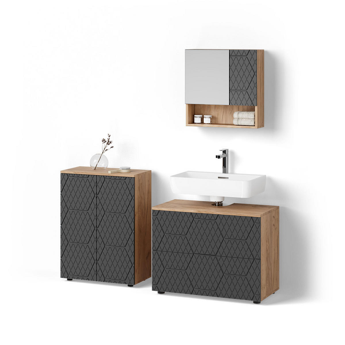 BADMÖBEL-SET Ronco Anthrazit gestreift 3 Teile, mit Unterschrank 80 cm - Honigeiche/Anthrazit, Holzwerkstoff (80/58/41cm) - Livinity®