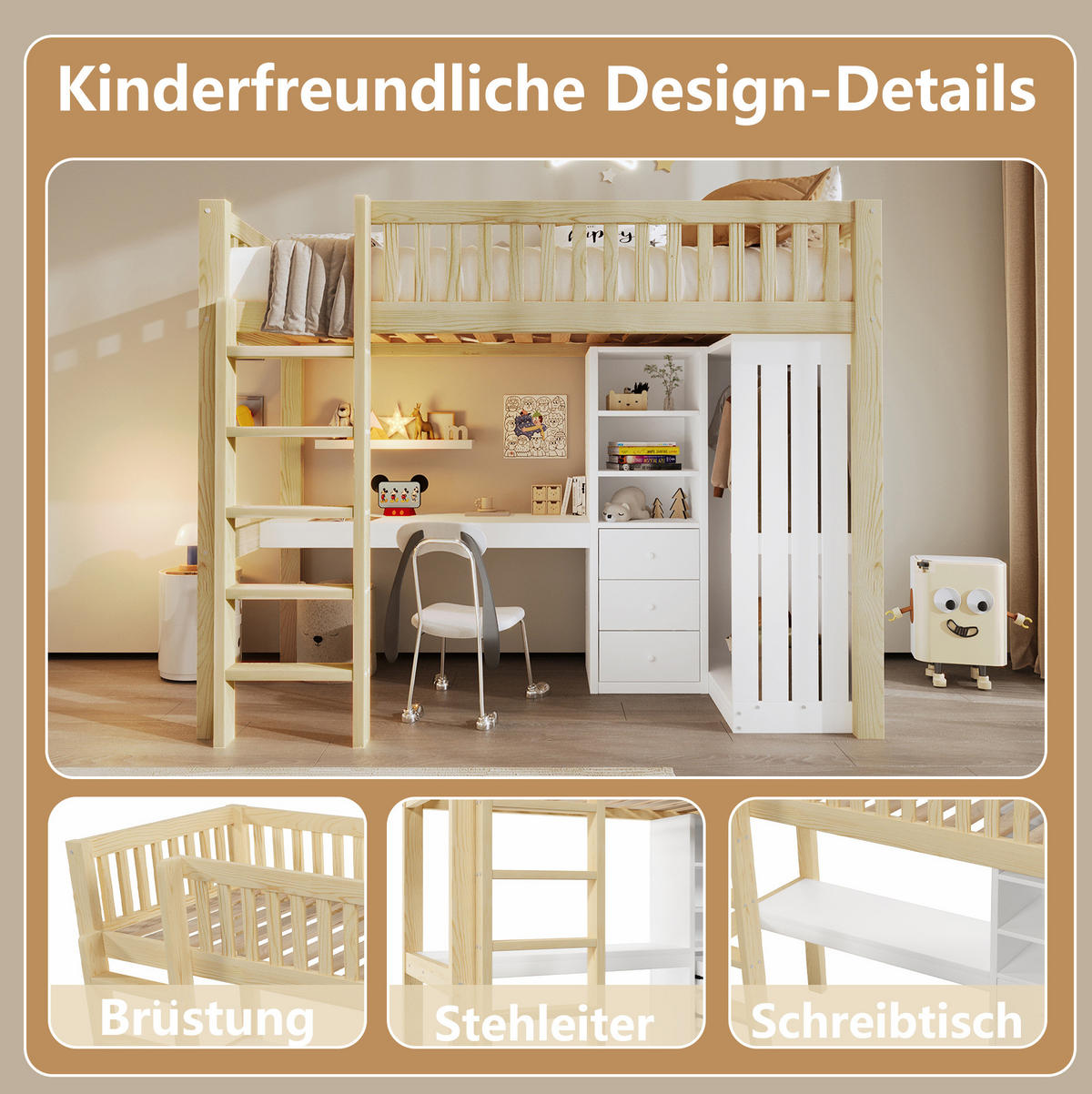 HOCHBETT aus Kiefernholz und MDF 90x200 cm Natur mit Schreibtisch, Kleiderschrank und 3 Schubladen - Naturfarben, Holzwerkstoff (90/200cm) - IVMEU