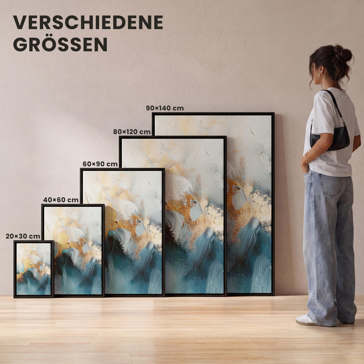 LEINWAND Bilder mit Rahmen - Abstrakt - Kunst - Gold - Blau - 20x30 - Petrol, Textil (20/30cm) - MuchoWow