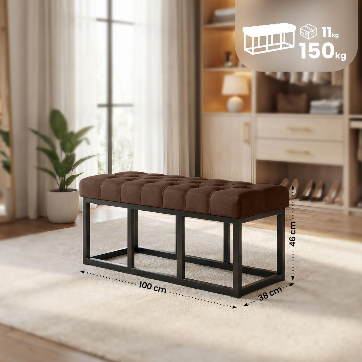 SITZBANK 100/38 cm Stoff Braun - Schwarz/Braun, Textil/Metall (100/46/38cm) - CLP
