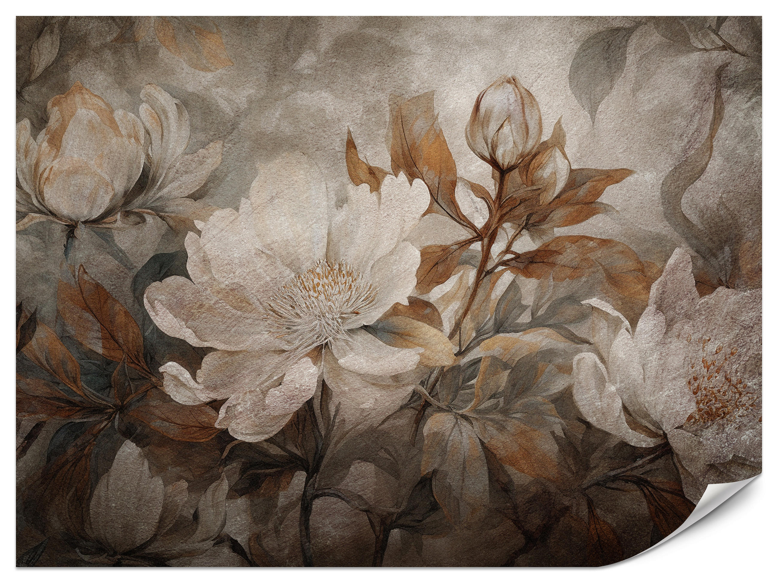 FOTOTAPETE für Wohnzimmer Blumen Blätter Pflanzen Natur Retro Stil 400x280 - Beige/Orange, Papier (400/280cm) - Muralo