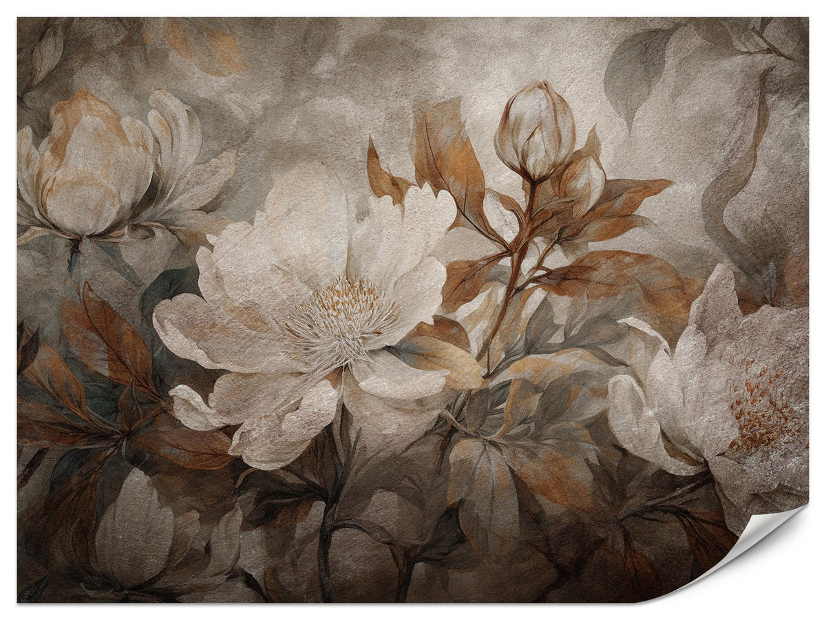 FOTOTAPETE für Wohnzimmer Blumen Blätter Pflanzen Natur Retro Stil 400x280 - Beige/Orange, Papier (400/280cm) - Muralo