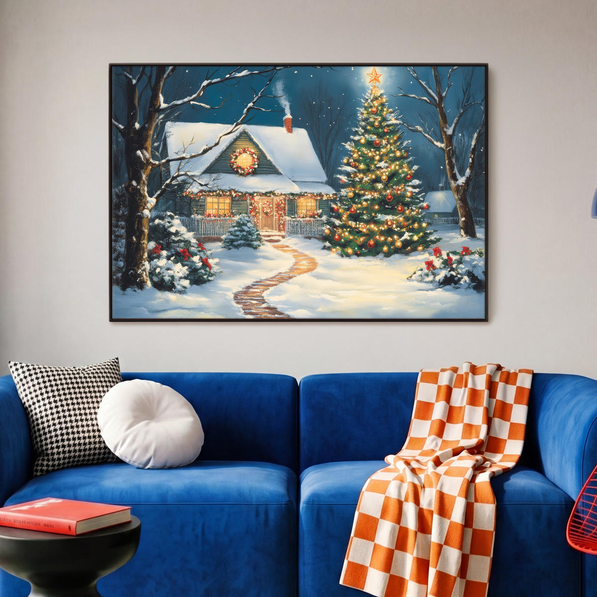 LEINWAND Bilder mit Rahmen - Weihnachten - Weihnachtsbaum - Winter - Zuhause - Schnee - 90x60 - Smaragdgrün, Textil (90/60cm) - MuchoWow