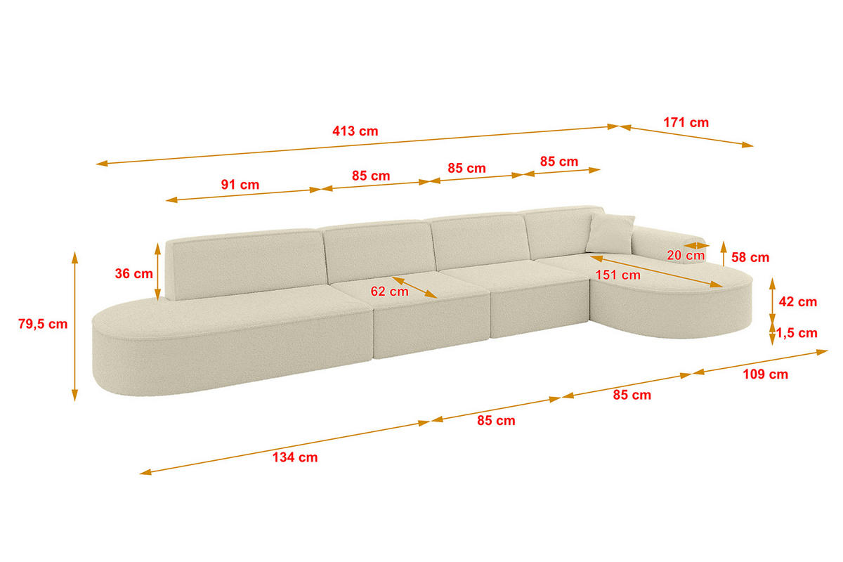 ECKSOFA Ottomane Rechts MARI-L3 - 413x171x79 cm Beige Bouclé - Beige/Schwarz, Holzwerkstoff/Kunststoff (171/413cm) - ALTDECOR