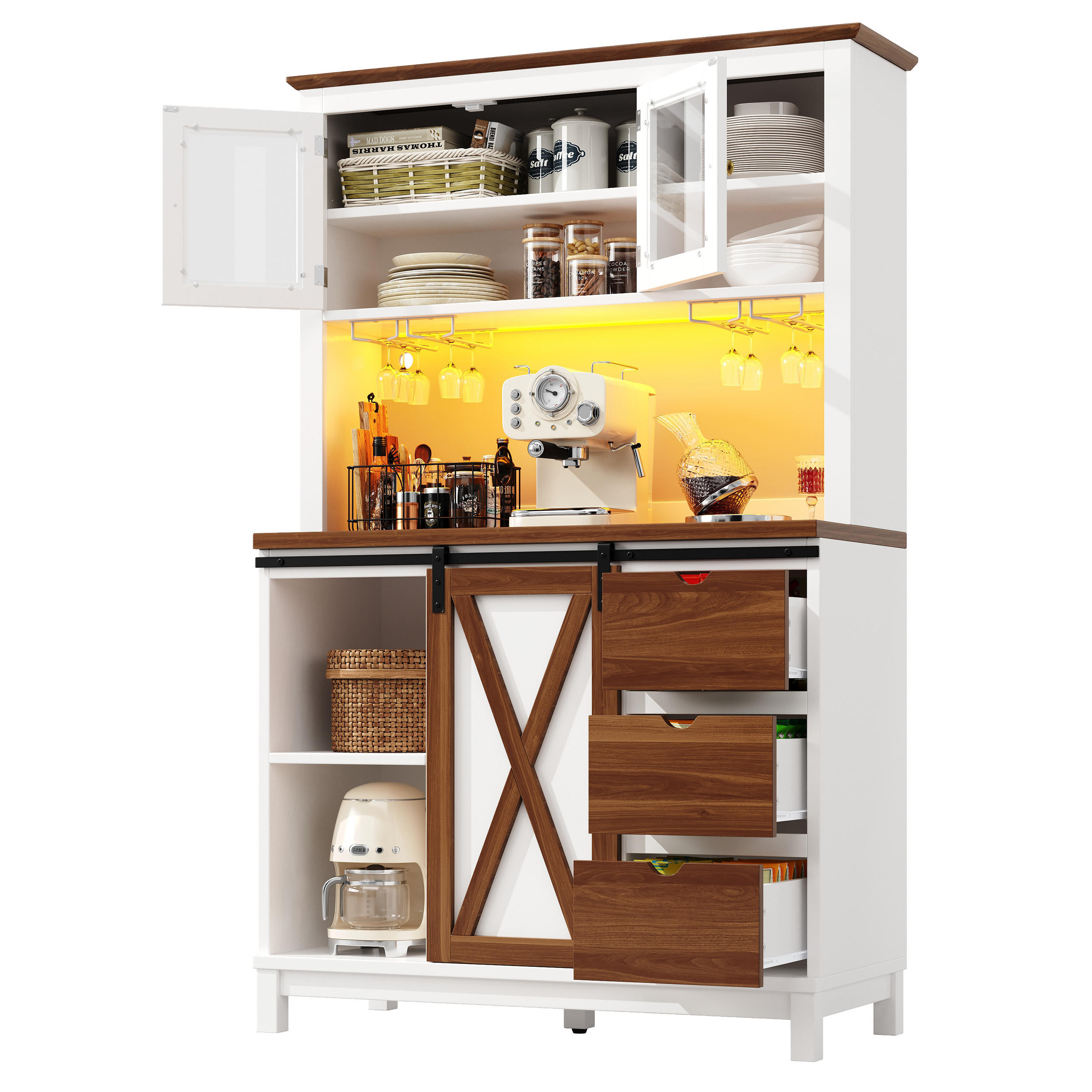 BUFFET 104/40/180 cm Weiß aus MDF, Glas und Metall mit LED - Weiß, Glas (104/180/40cm) - OKWISH