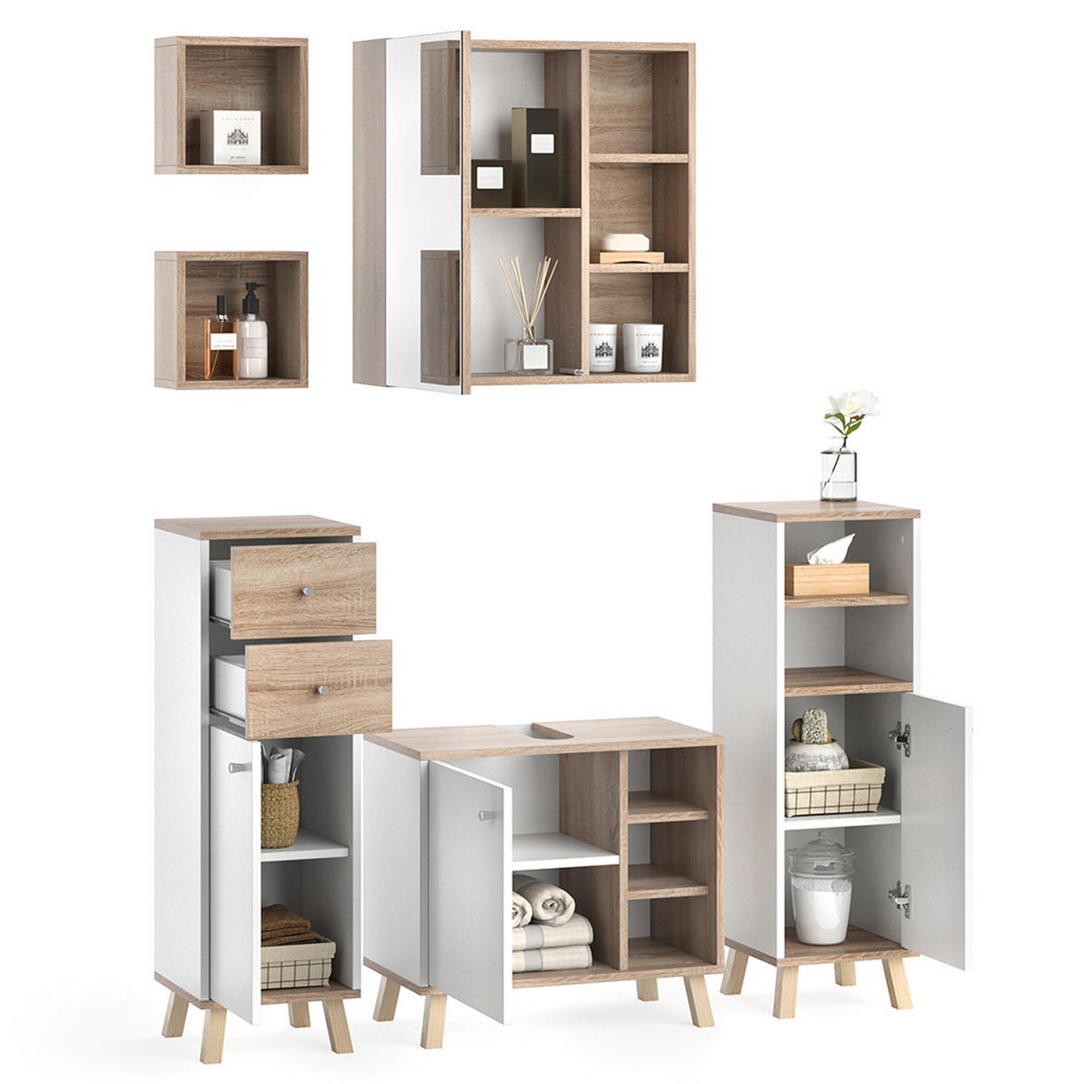 BADMÖBEL-SET Senyo Weiß 5 Teile, mit Regalen - Weiß/Sonoma Eiche, Holzwerkstoff (62/54/32cm) - Vicco