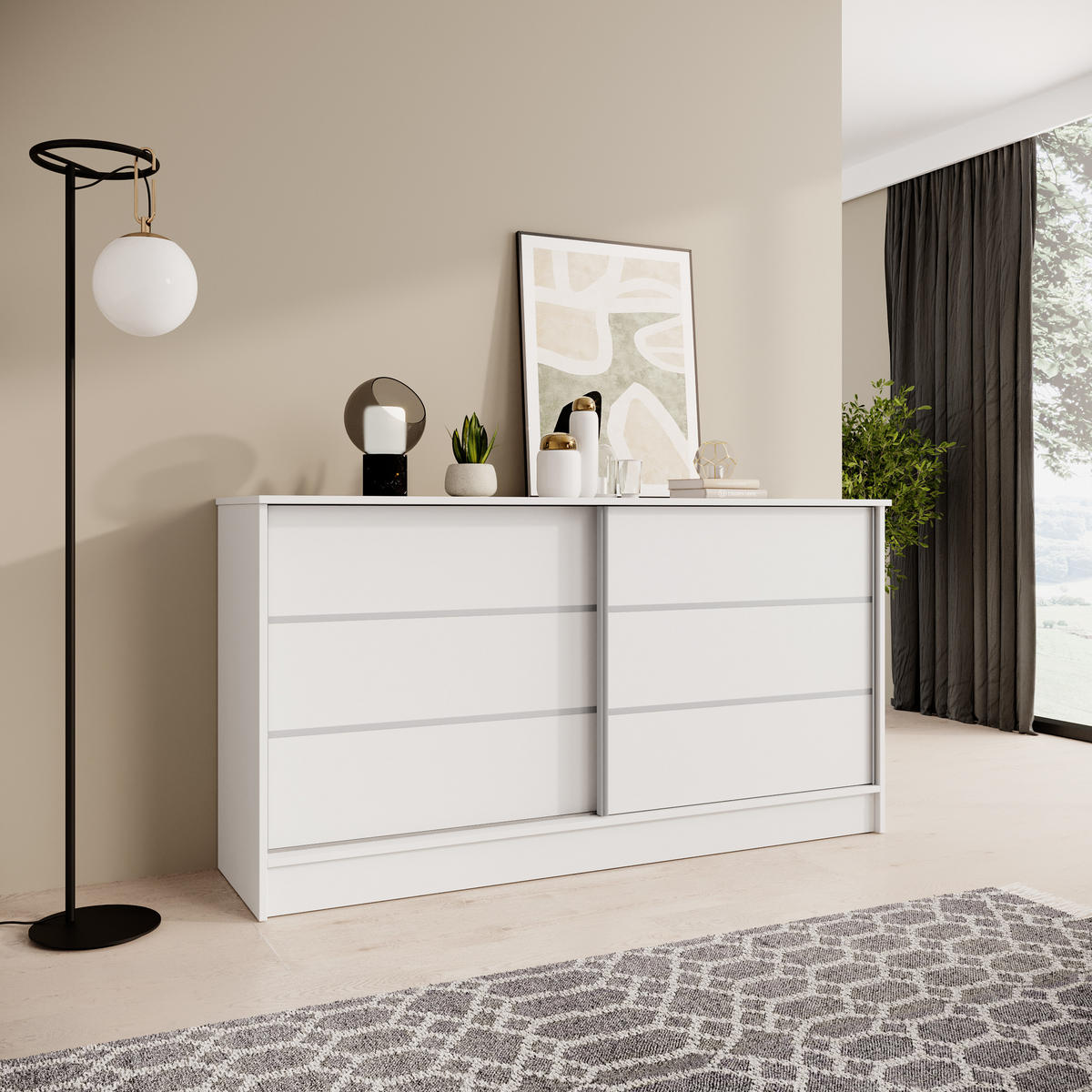 KOMMODE Mirela mit 2 Schiebetüren 160 cm, Weiß - Weiß, Holzwerkstoff (161/85/43.5cm) - Beautysofa