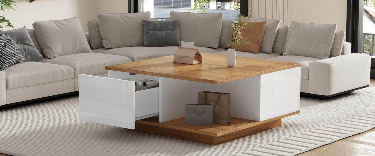 COUCHTISCH 70/70/31,5 cm Weiß walnussfarben aus Holzwerkstoff mit 3 Schubladen und Hochglanzfronten - Walnussfarben, Holzwerkstoff (70/70/31.5cm) - OKWISH