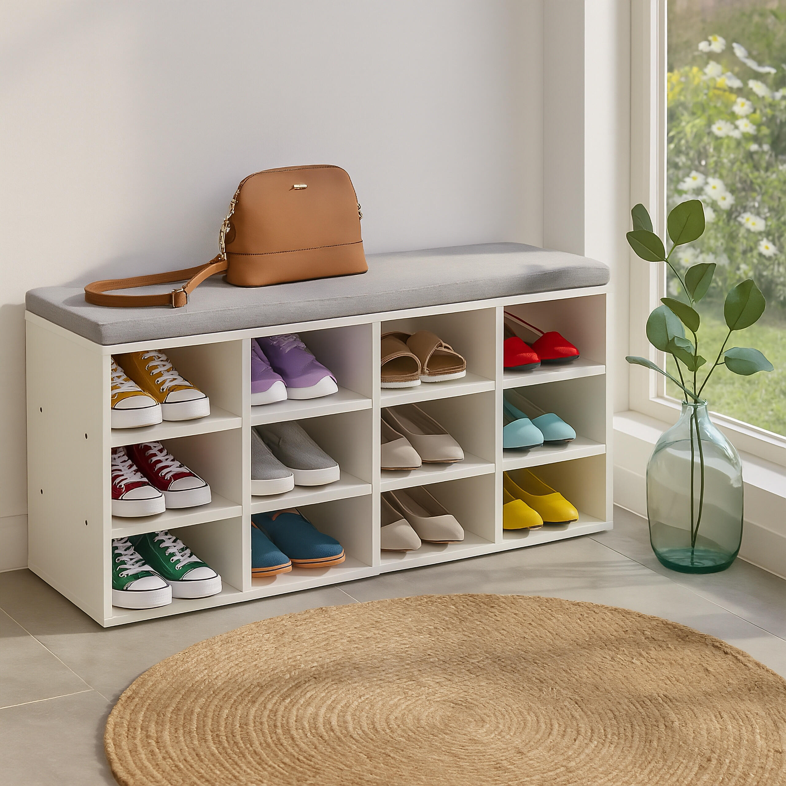 SCHUHBANK - Weiß, Holzwerkstoff/Textil (104/49.5/31cm) - Relaxdays