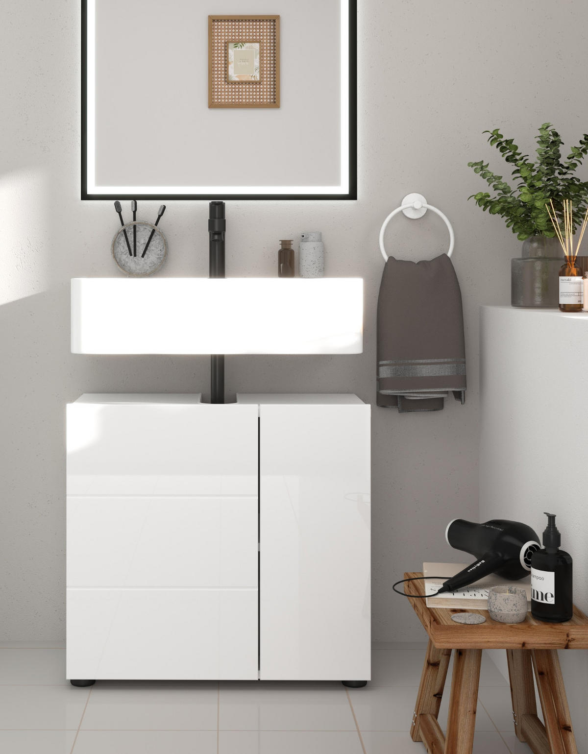 WASCHBECKENUNTERSCHRANK weiß Hochglanz 60 cm, Unterschrank 2-türig - Weiß Hochglanz/Schwarz, Holzwerkstoff/Kunststoff (60/56/34cm) - Inn.Furn
