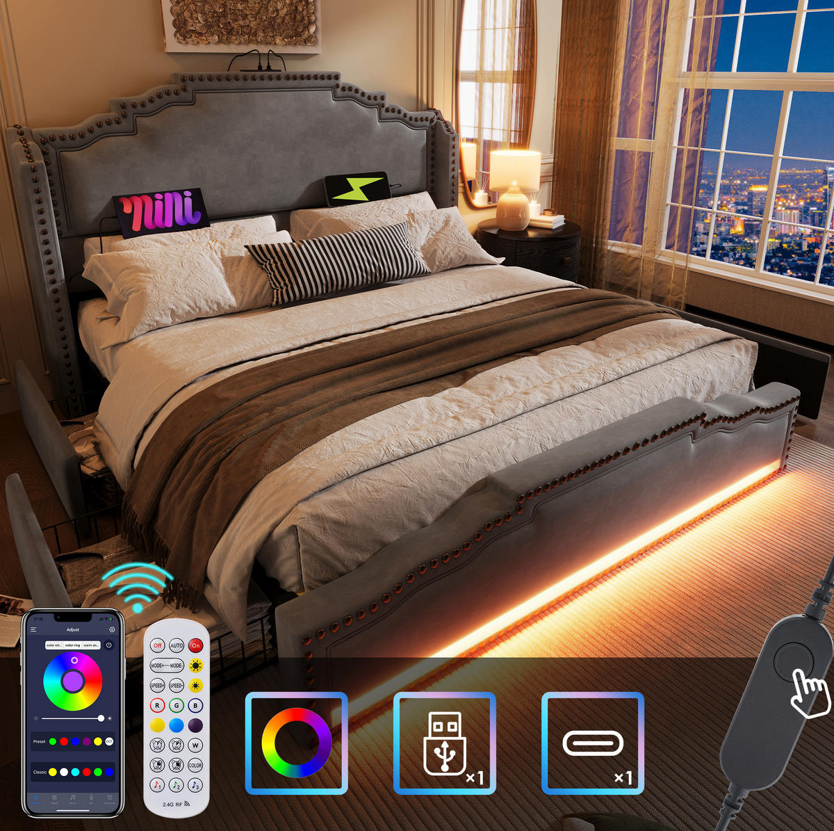 POLSTERBETT mit 4 Schubladen 180x200 cm Samt Grau mit LED und USB-C - Grau, Metall (180/200cm) - Meubliv