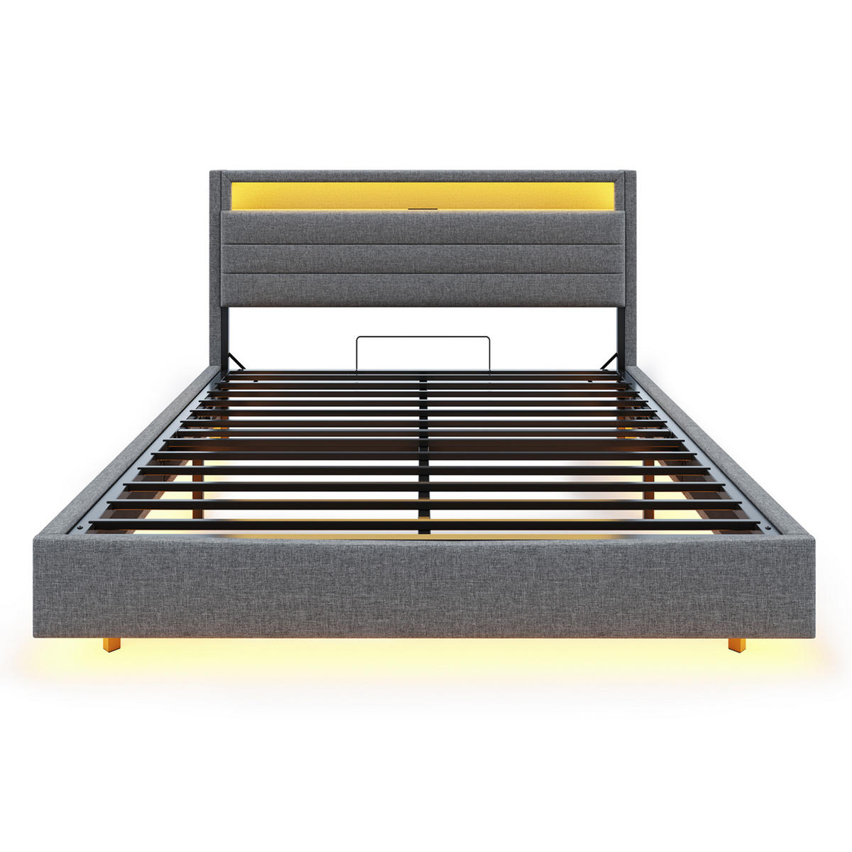POLSTERBETT 160/200 cm mit Stauraum und LED-Beleuchtung aus Leinen grau - Grau, Textil (160/200cm) - OKWISH