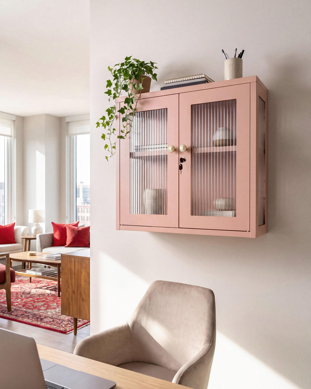 WANDSCHRANK 60 cm Metall Pfirsichrosa Harlyn - Pink, Metall (60/57/18cm) - Beliani