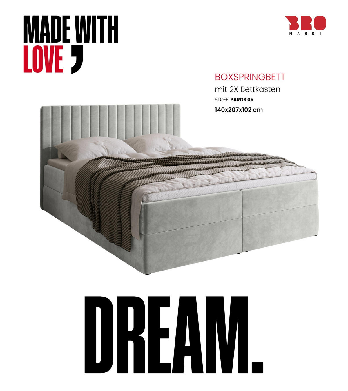 BOXBETT DREAM mit Topper 140x200 Grau - Grau, Textil (140/200cm) - Bromarkt