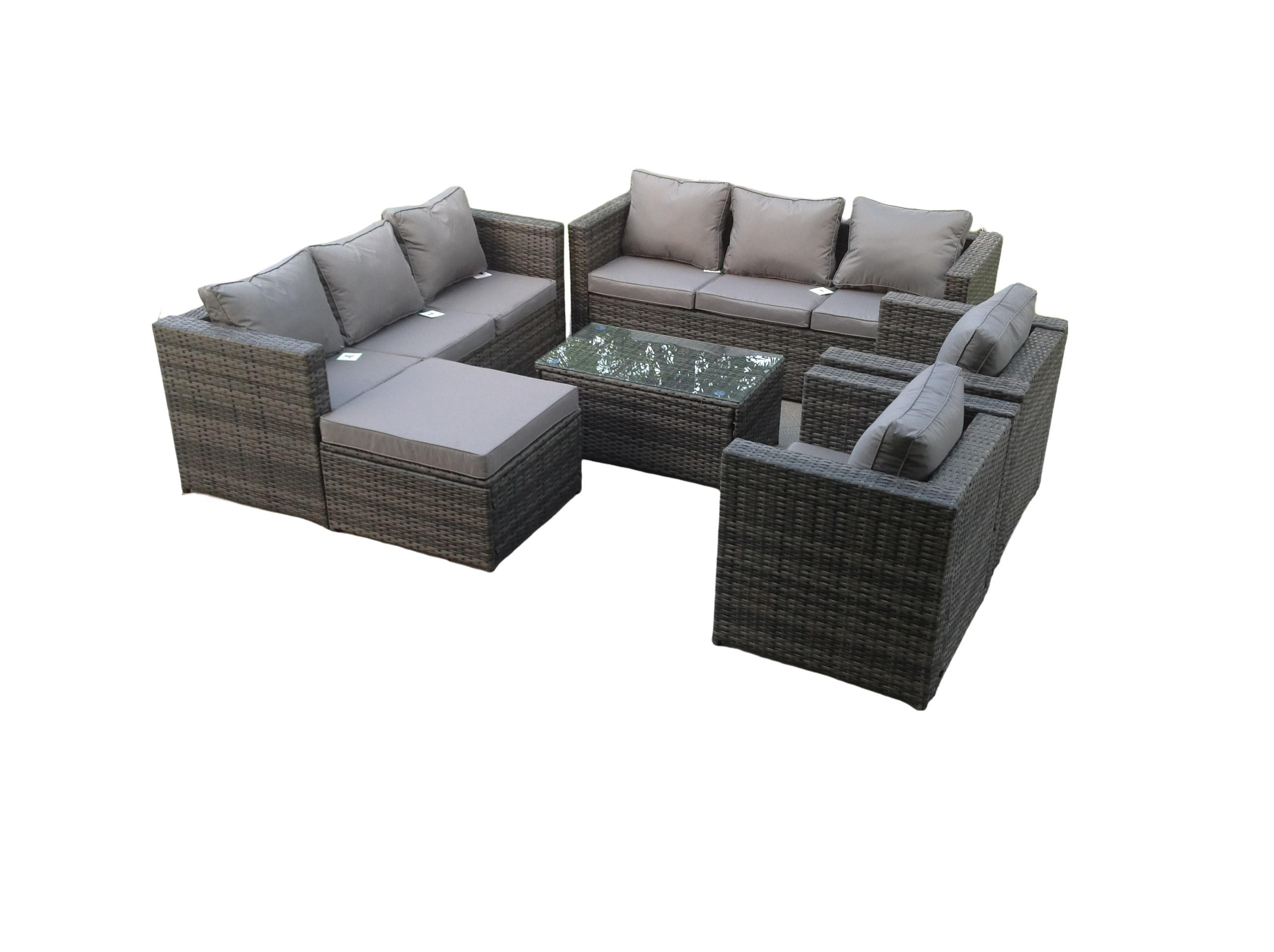 GARTENSOFA Hohe Rückenlehne Polyrattan 9-Sitzer - Dunkelgrau/Grau, Glas/Kunststoff - Fimous