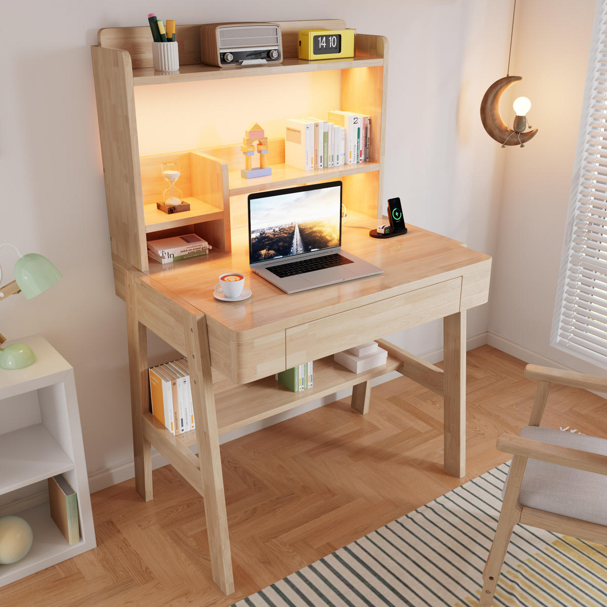 SCHREIBTISCH Naturfarben 84/60/127,5 cm mit LED-Lichtleiste und USB-Anschluss - Naturfarben, Holz (60/84/127.5cm) - PANGIVO