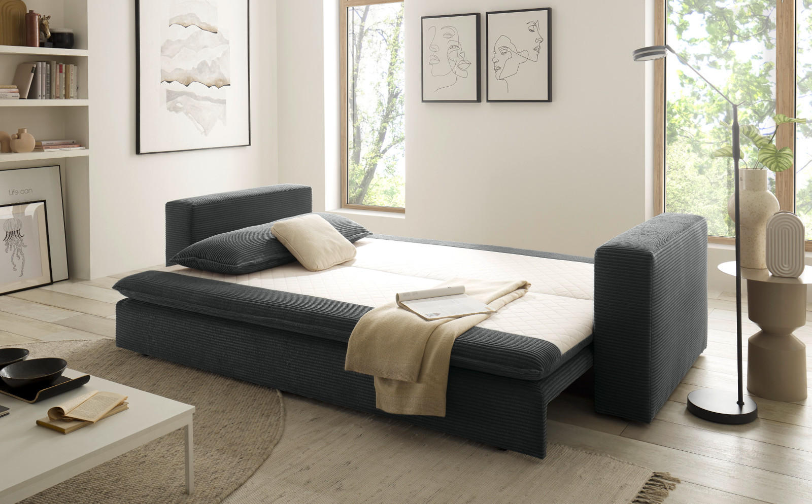 SCHLAFSOFA grau Cord, Sofa 3-Sitzer mit Bettfunktion 244 cm - Beige/Grau, Holz/Textil (244/83/91cm) - Furn.Design