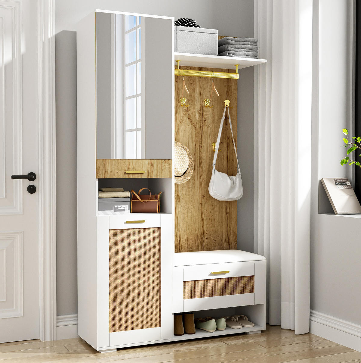 GARDEROBENSET 110/38/190 cm aus MDF und Spanplatte mit Spiegel und LED-Beleuchtung Weiß/Holzoptik - Weiß, Holzwerkstoff (38/190/110cm) - Modenvie