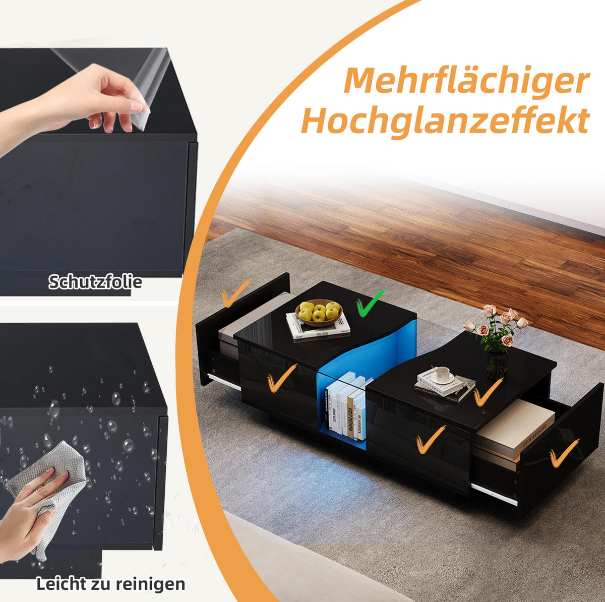 COUCHTISCH 100/50/35 cm mit LED-Beleuchtung, 2 Schubladen und Acrylplatte aus MDF, Schwarz - Schwarz, Holzwerkstoff (100/50/35cm) - Redom