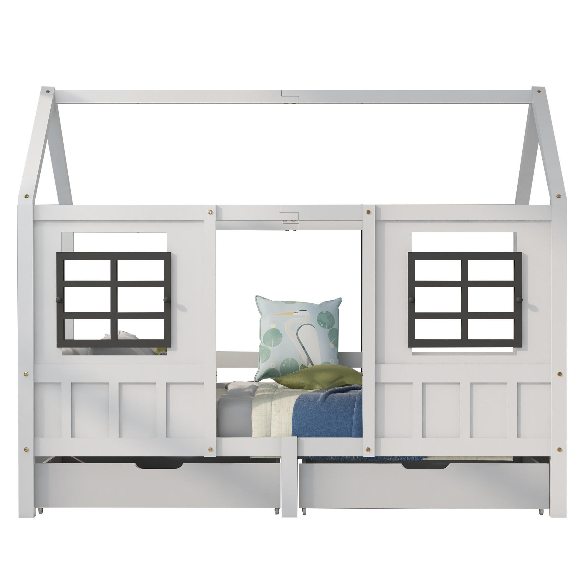HAUSBETT 90/200 cm mit 2 Schubladen und Doppelfenstern aus Kiefer und MDF, Weiß - Weiß, Holzwerkstoff (90/200cm) - Redom