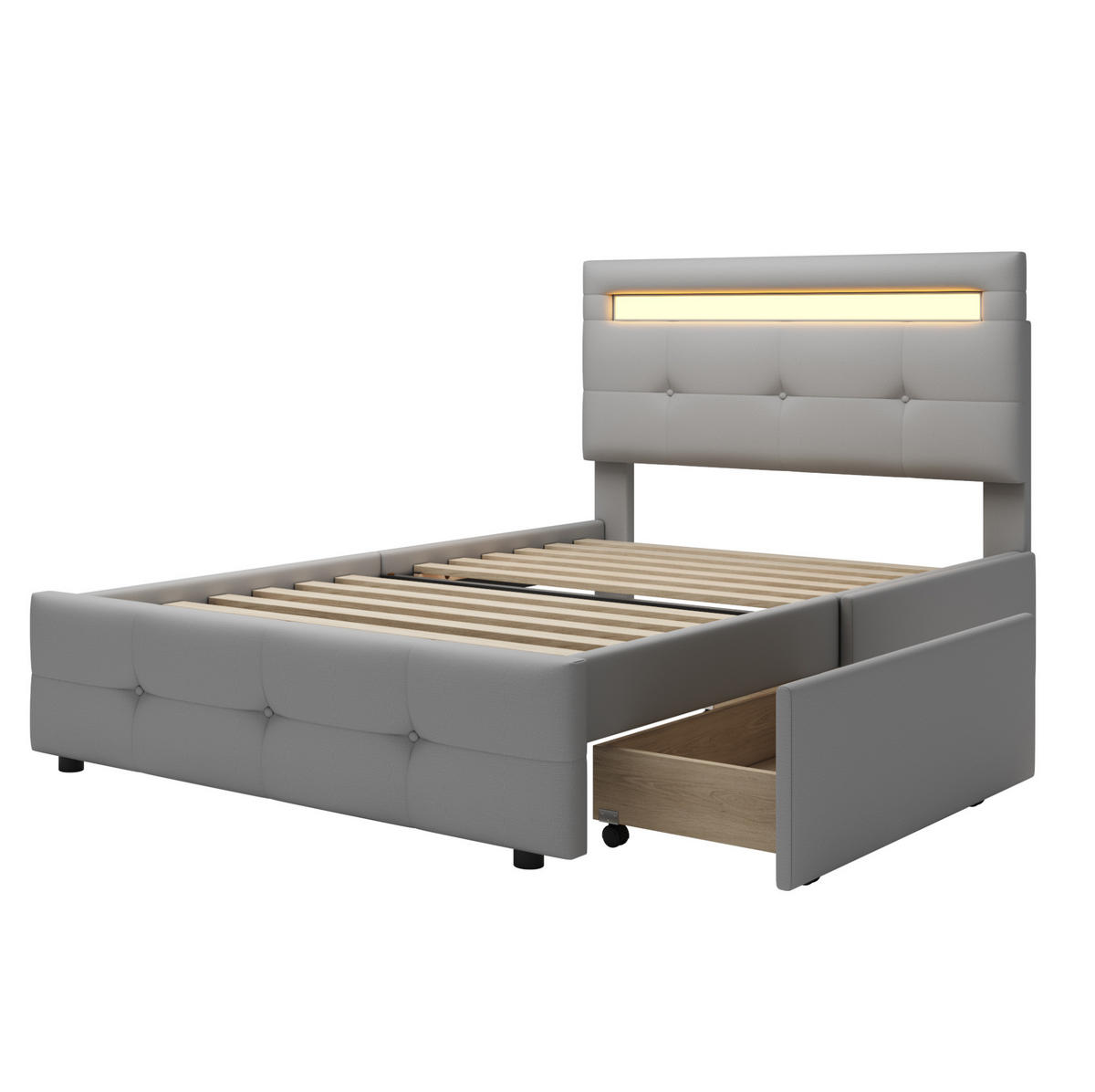 POLSTERBETT 90x200 cm Grau mit LED-Beleuchtung, 2 Schubladen und verstellbarem Kopfteil - Grau, Textil (90/200cm) - IVMEU
