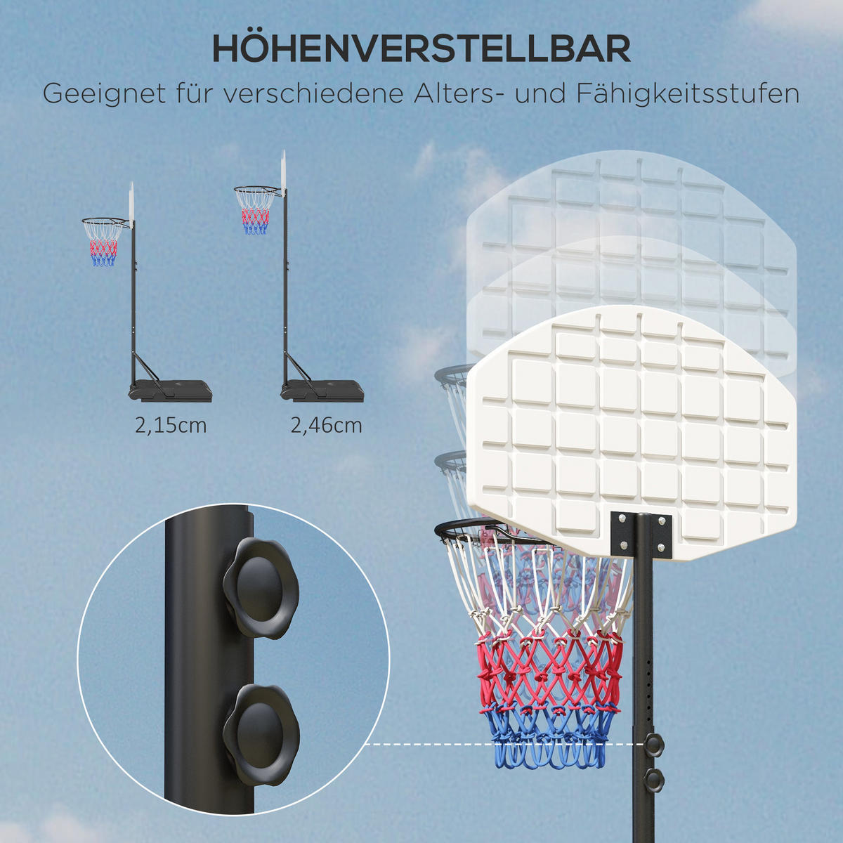 BASKETBALLKORB DE-10450 höhenverstellbar, freistehend mit Rädern - Multicolor, Metall (2.1/72cm) - ComfortXL
