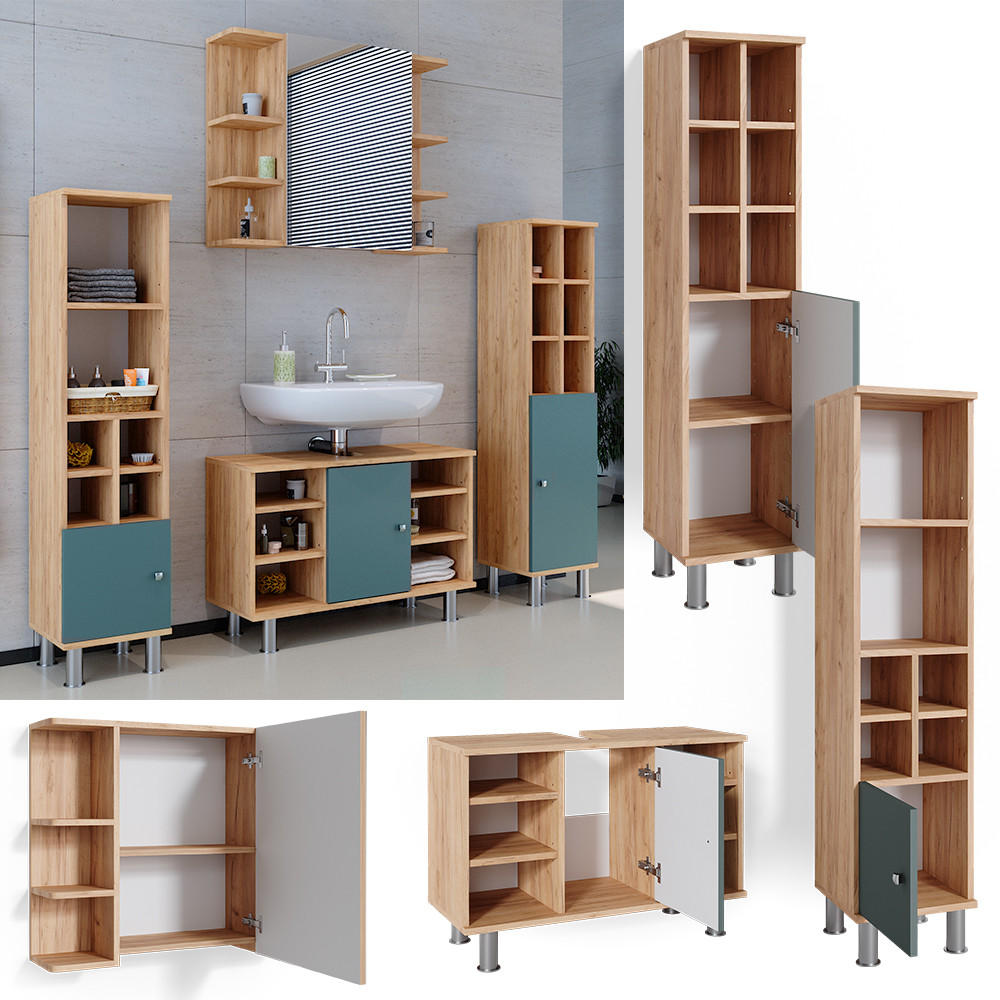 BADMÖBEL-SET Fynn Grün 4 Teile, mit Midischränke - Eiche Wotan/Grün, Holzwerkstoff (60/54/32cm) - Vicco