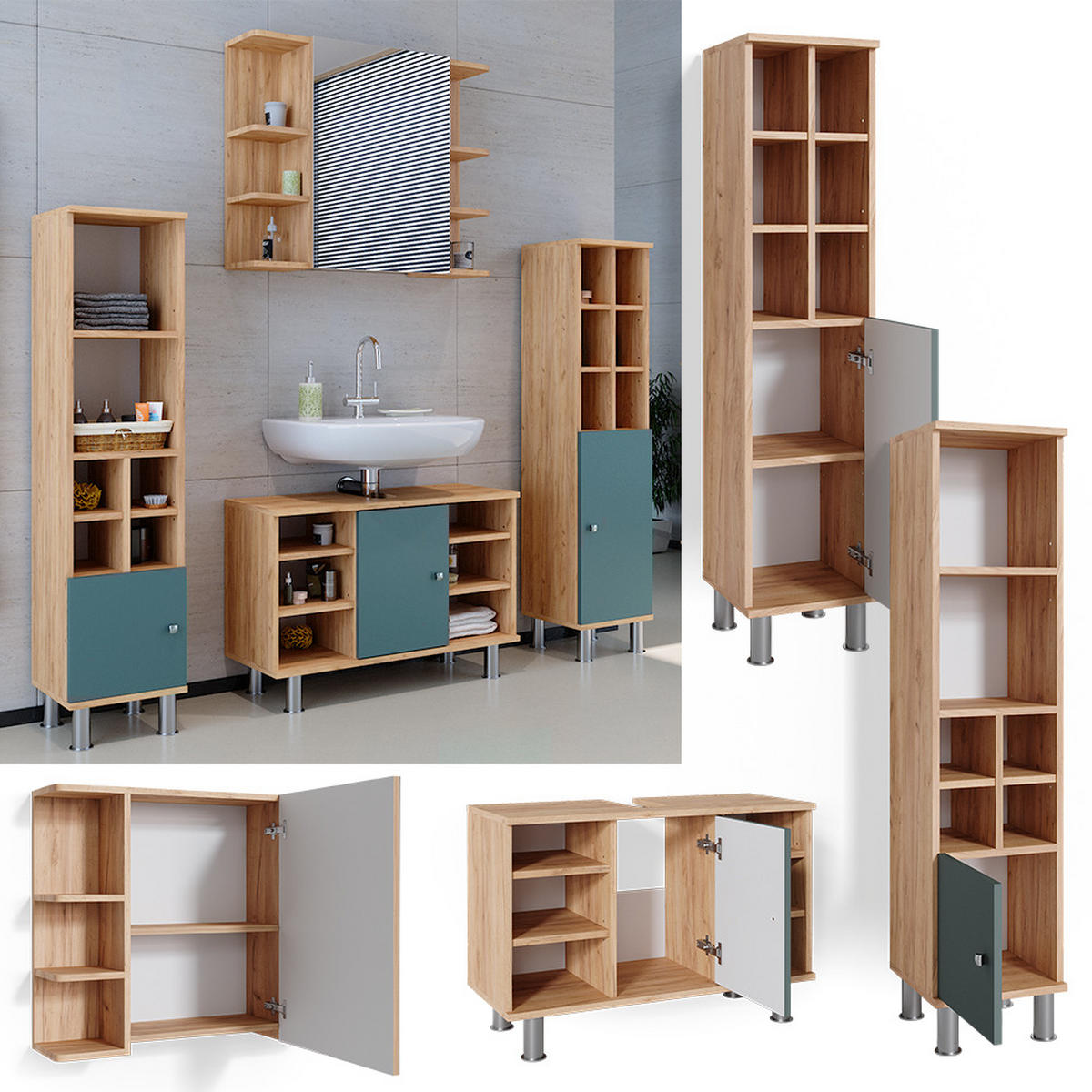 BADMÖBEL-SET Fynn Grün 4 Teile, mit Midischränke - Honigeiche/Grün, Holzwerkstoff (60/54/32cm) - Vicco