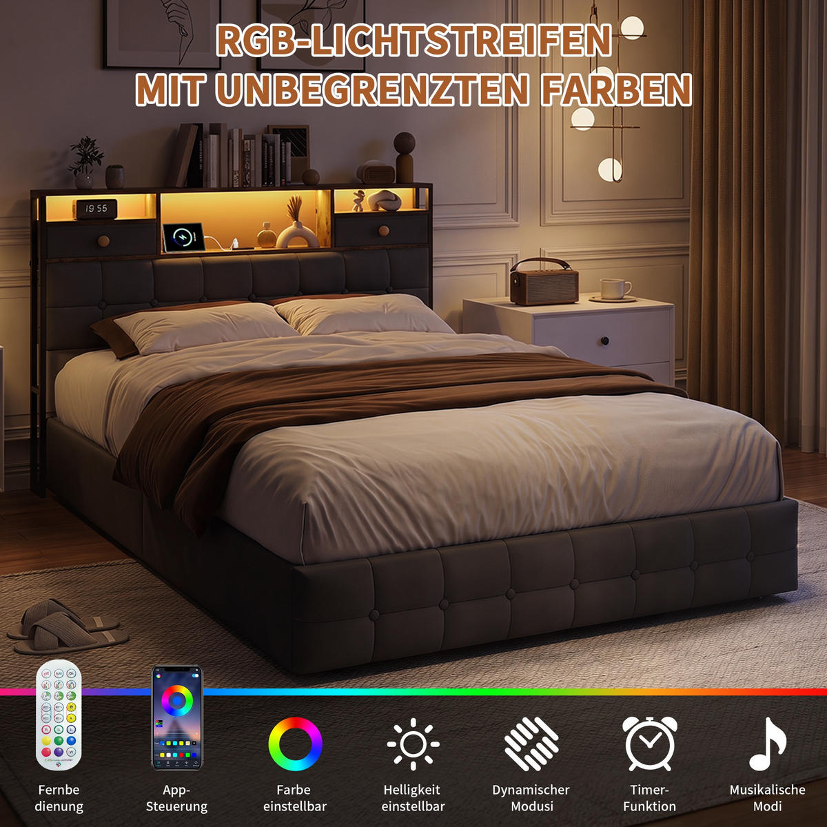 STAURAUMBETT 140/200 cm aus Samt, mit 4 seitlichen Schubladen + 2 Kopfteil-Schubladen, LED und USB-Anschluss, Grey - Grau, Holzwerkstoff (160/200cm) - Brevoria