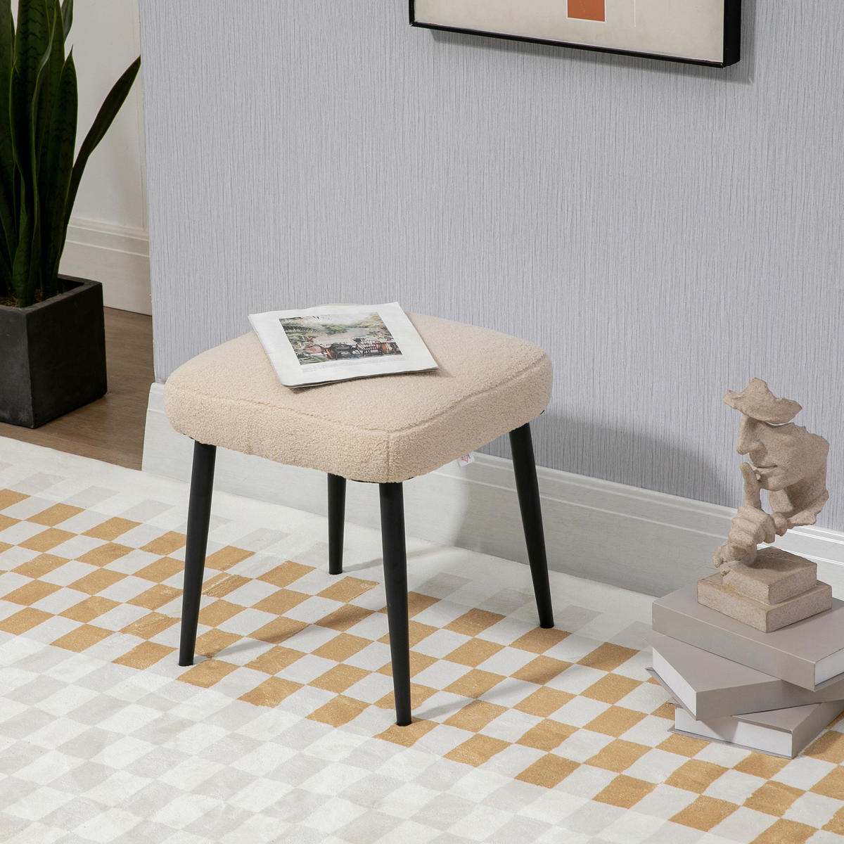 FUSSHOCKER Sitzhocker Quadratischer Schminkhocker mit Kaschmir-Optik, Stahlbeine - Beige, Kunststoff (42/44/42cm) - HOMCOM