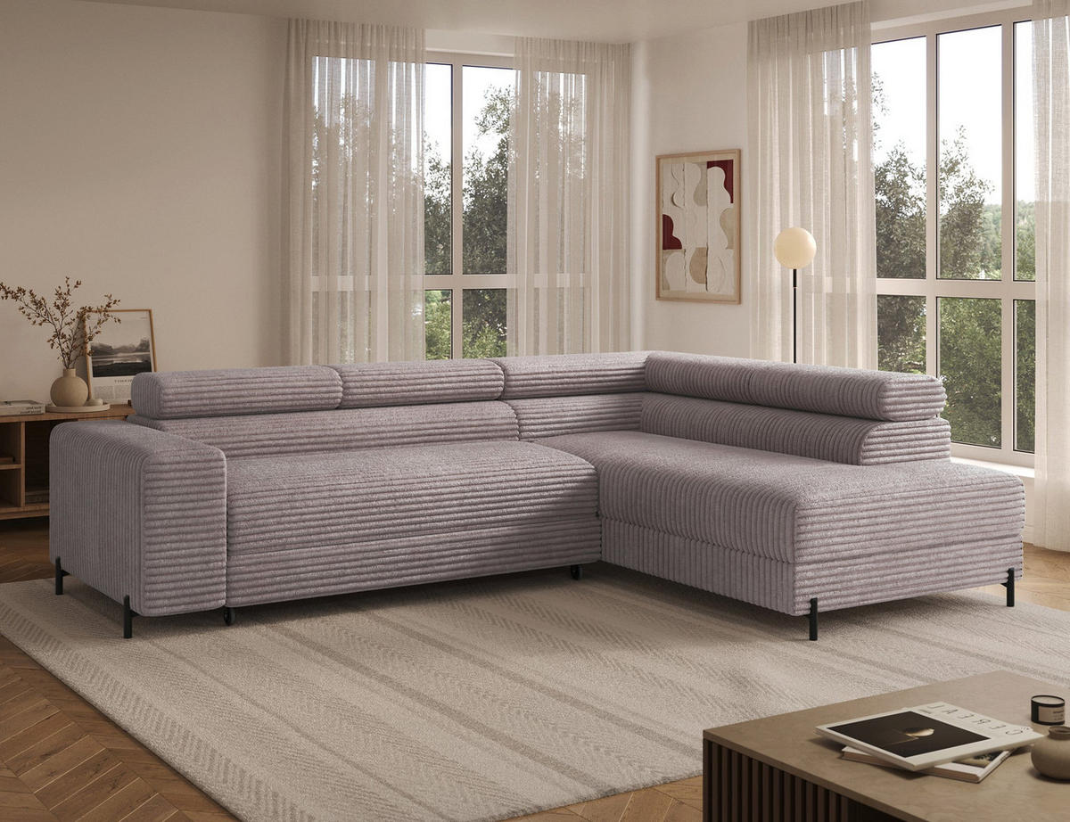 ECKSOFA COLESIO L-Form, Schlaffunktion, Bettkasten, verstellbare Kopfstützen, Wellenfederung, Metallfüße, breiter Cordstoff - Schwarz/Grau, Kunststoff/Metall (204/269cm) - Wohnideebilder