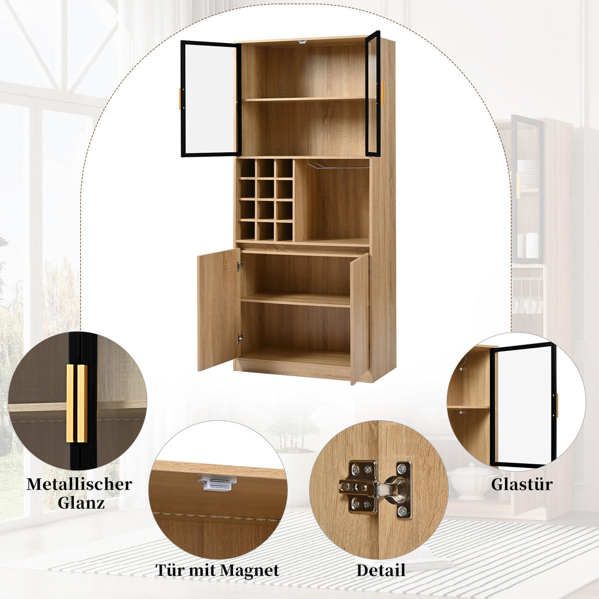 VITRINE mit Weinregal und LED - Hellbraun, Glas/Holzwerkstoff (40/180/80cm) - Urban Meuble