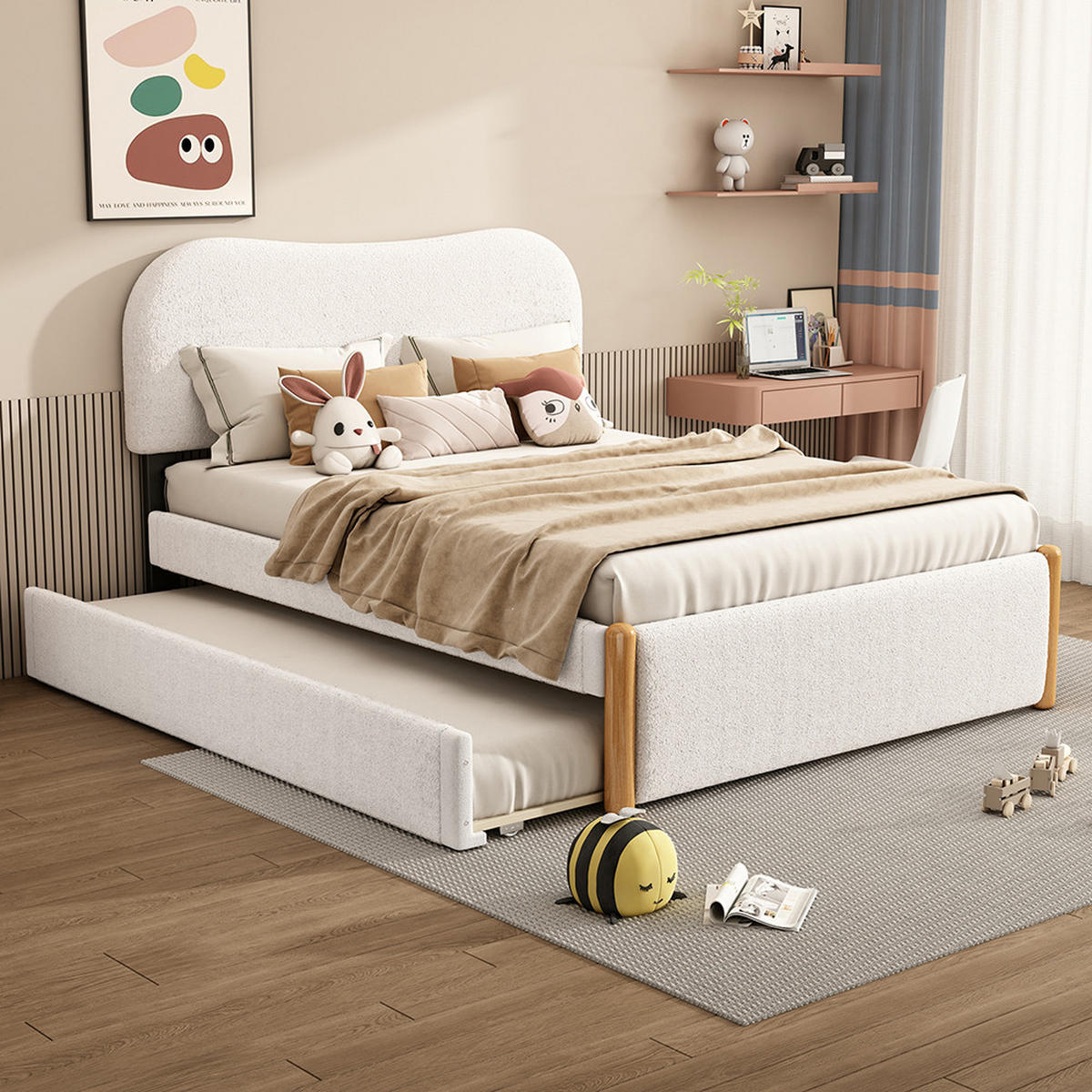 POLSTERBETT 140/200 cm in White mit praktischem ausziehbares Rollbett - Weiß, Holz/Textil (140/200cm) - KOMHTOM