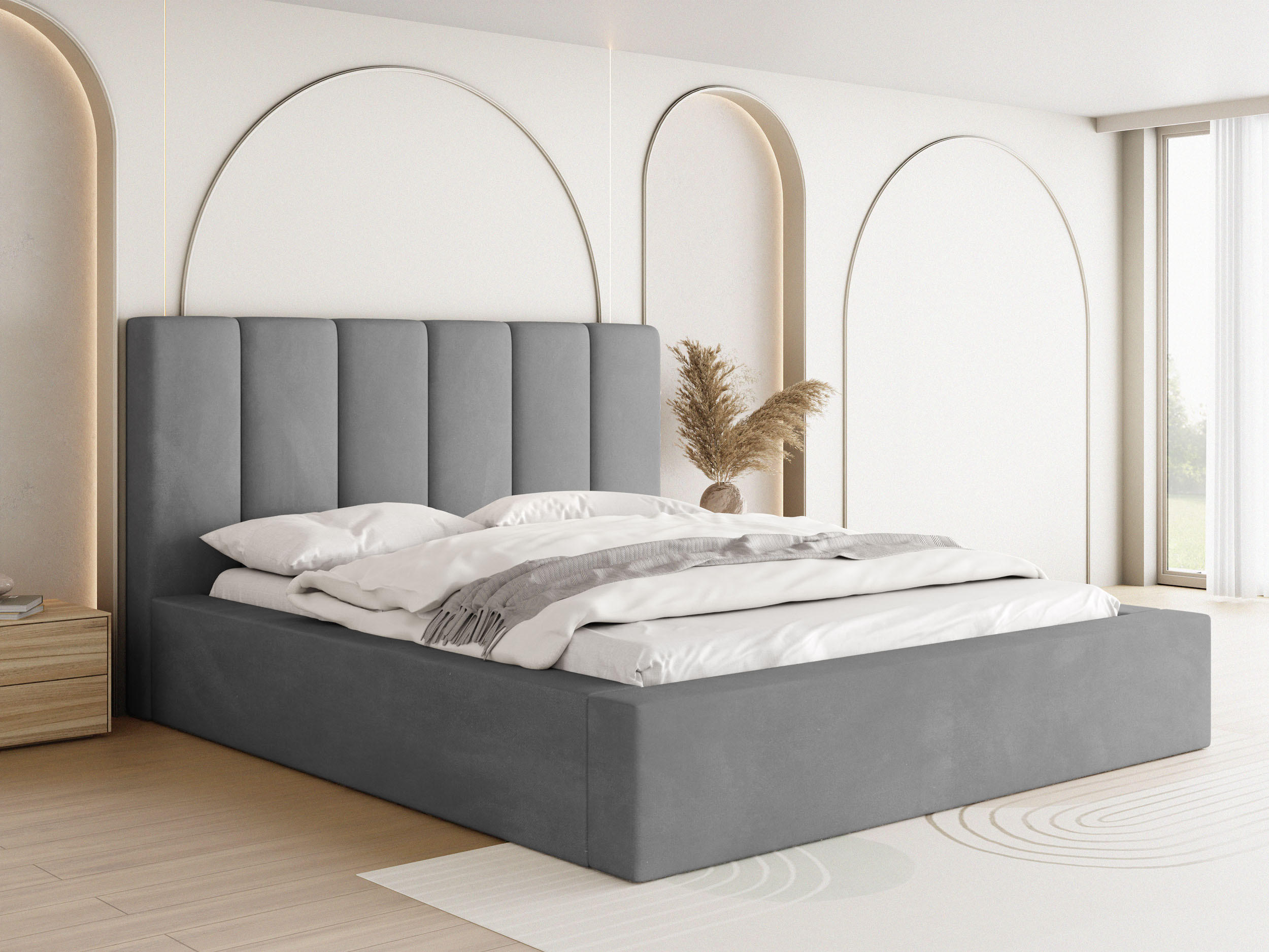 POLSTERBETT Amira mit Bettkasten, Grau Samt 120x200 cm - Birkefarben/Schwarz, Holz/Holzwerkstoff (120/200cm) - WFL GROUP