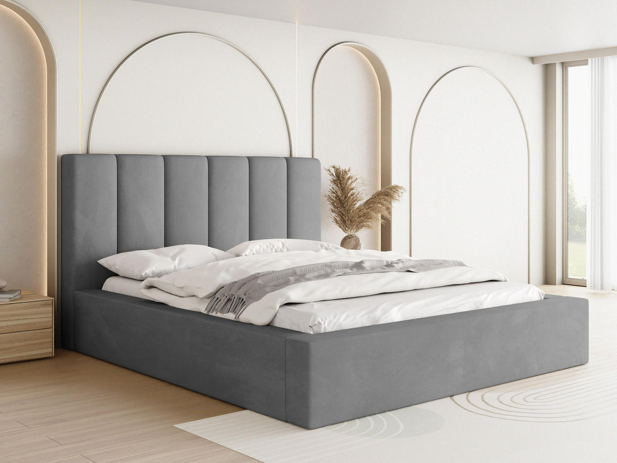 POLSTERBETT Amira mit Bettkasten, Grau Samt 180x200 cm - Birkefarben/Schwarz, Holz/Holzwerkstoff (180/200cm) - WFL GROUP