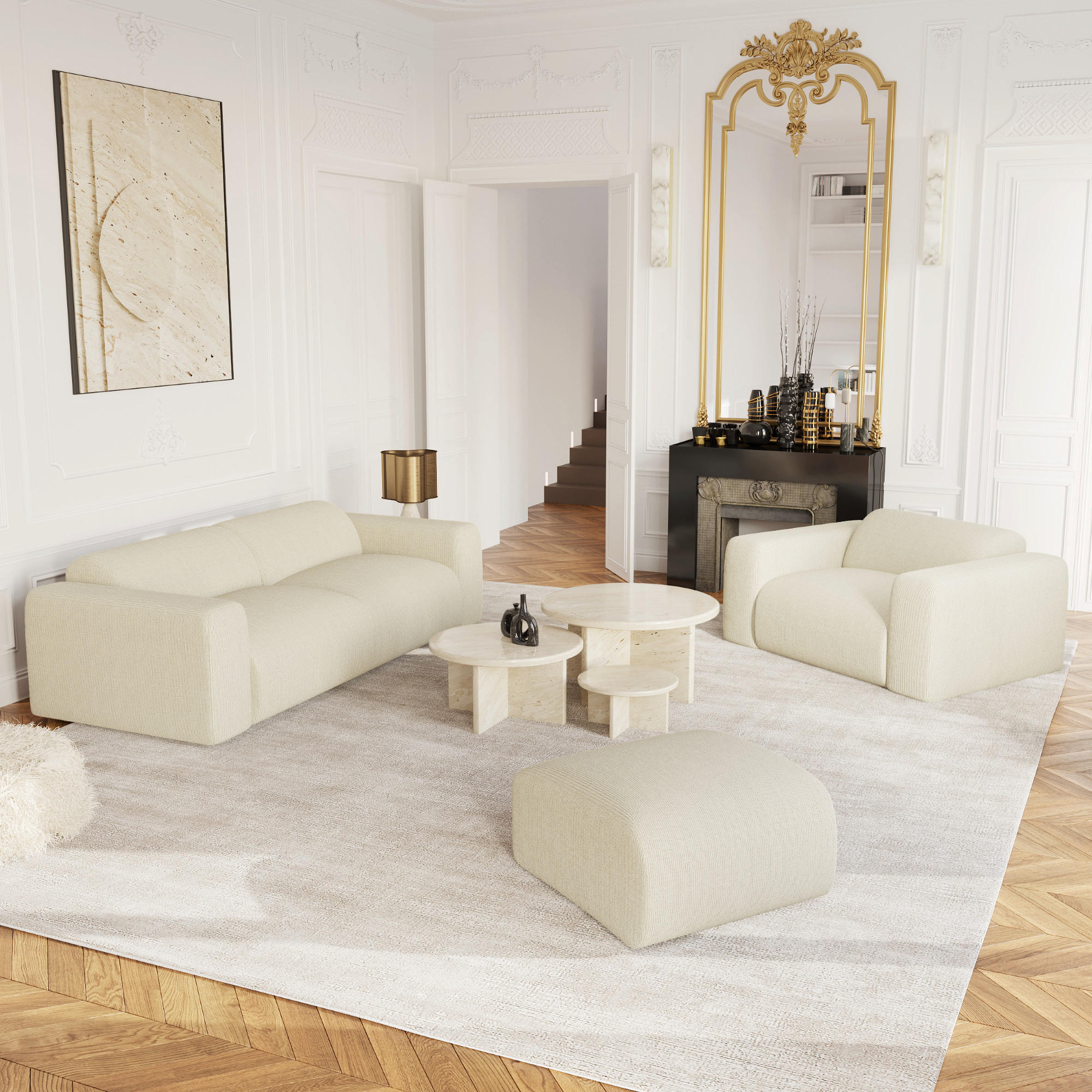 SOFA 3-Sitzer Gerippter Samt Creme 205cm - Creme, Textil (205/73/97cm) - Sia Home