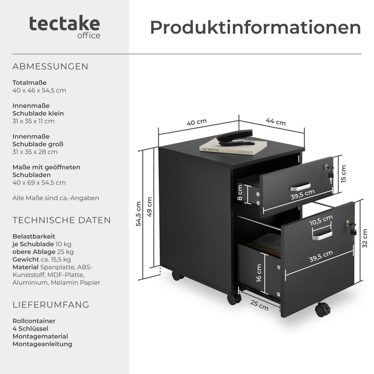 ROLLCONTAINER Vagur,40 x 44 x 54,5 cm,schwarz - Schwarz, Holzwerkstoff (40/54.5/46cm) - tectake