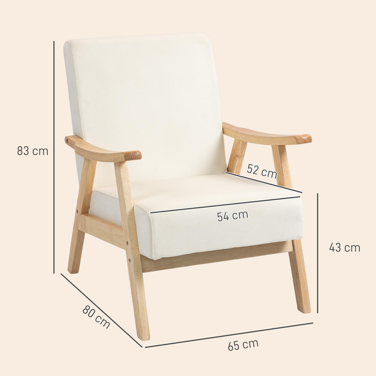 SESSEL Wohnzimmer Nordisch Relaxsessel mit Armlehne, Sitzkissen Cremeweiß - Creme, Kunststoff (65/83/80cm) - HOMCOM