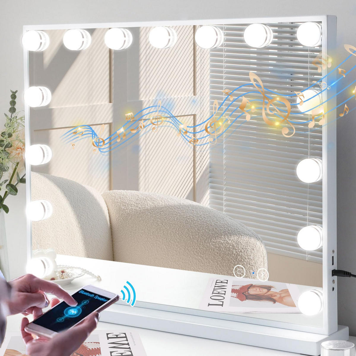SCHMINKSPIEGEL mit LED-Beleuchtung und Bluetooth weiß 58/46 cm - Weiß, Metall (58/46/3cm) - VANITII