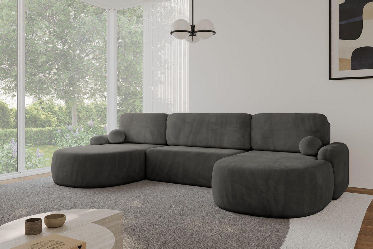 WOHNLANDSCHAFT mit Schlaffunktion und Bettkasten LIRA-U - 335x172x89 Dunkelgrau - Dunkelgrau, Holzwerkstoff/Textil (335/89/172cm) - ALTDECOR