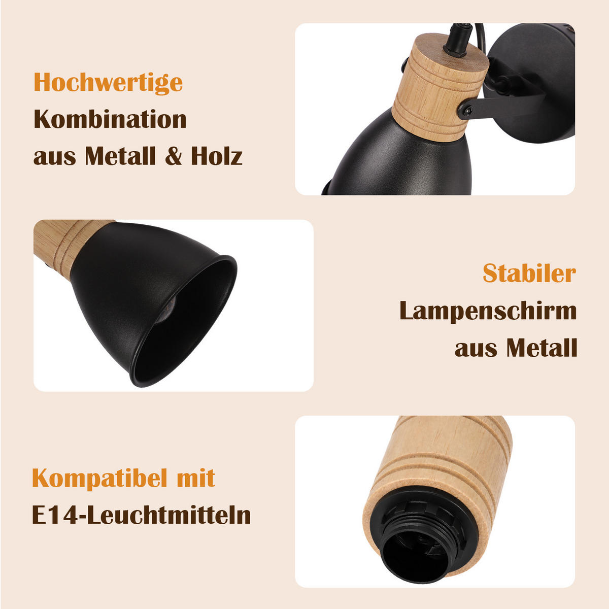 DECKENSTRAHLER Quorvin 14/14/10.5 cm - Schwarz, Holz/Metall (14/14/10.5cm) - ZMH