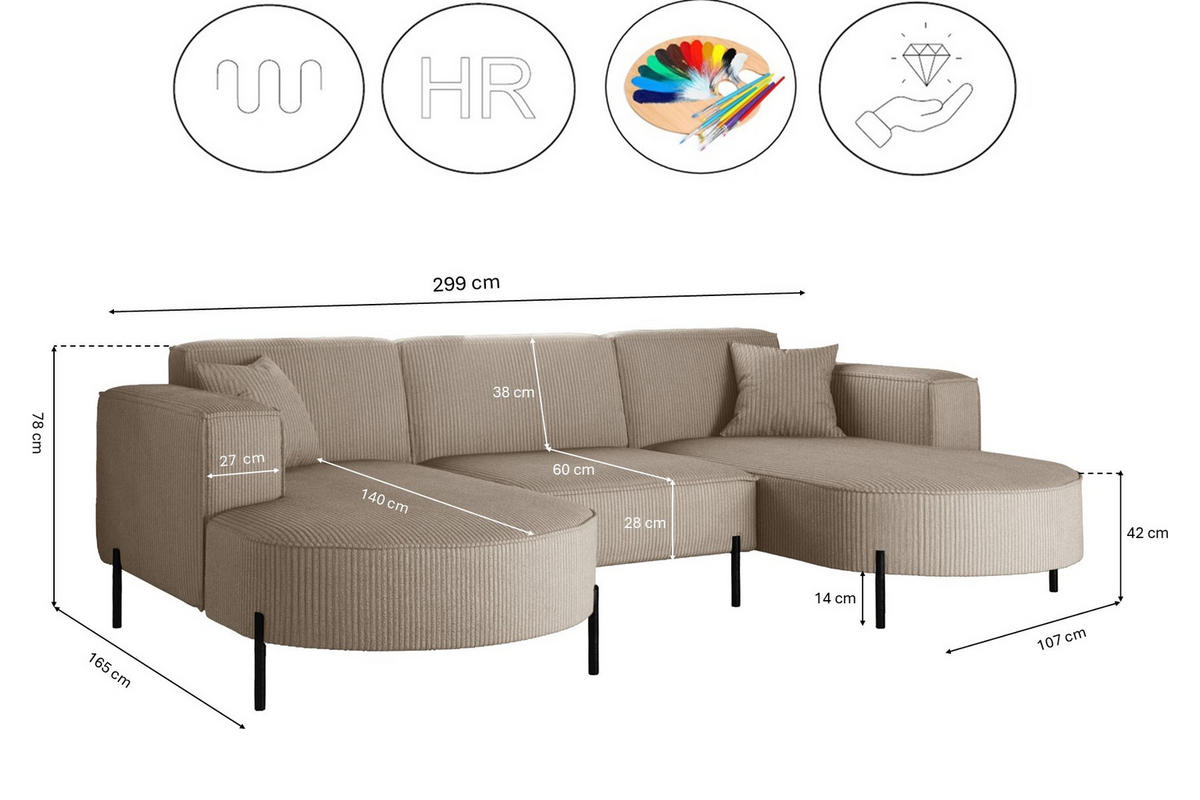 ECKSOFA Designer Modena U Rein stoff Poso Dunkelbeige - Cappuccino, Holz (165/299cm) - Kaiser Möbel