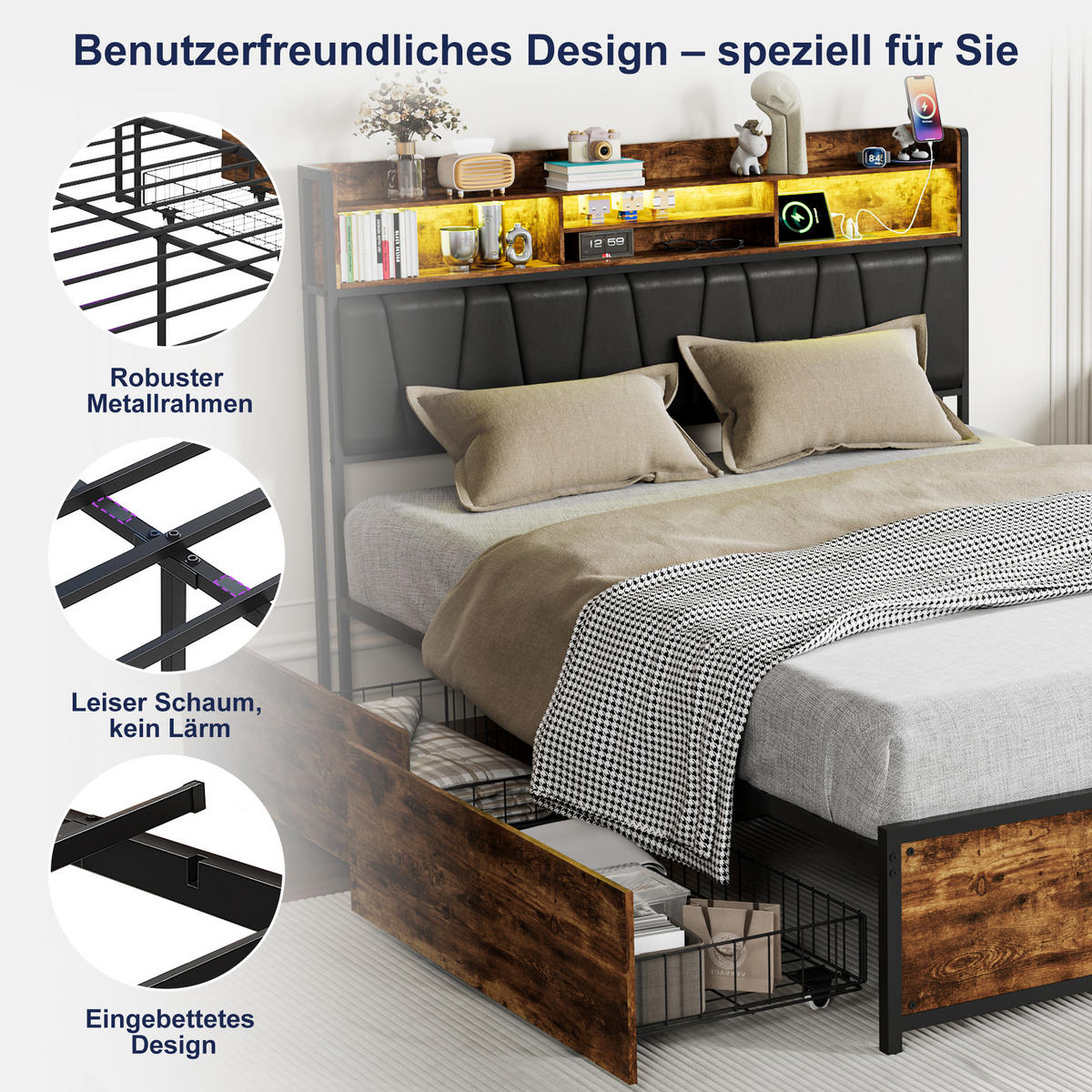 POLSTERBETT 140x200 cm, 4 Stauraumschubladen, LED-Leiste, Doppel-USB, in Braun - Braun, Holz (140/200cm) - BRILVERDE
