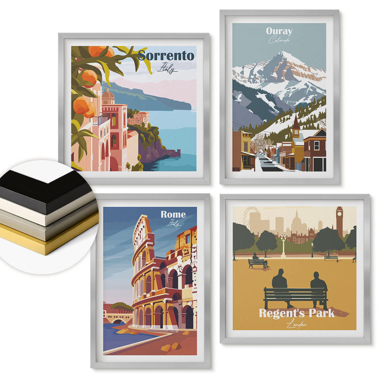 WANDBILDER 4er Set - 50x50 cm & 40x60 cm Silberner Rahmen - Retro-Illustrationen berühmter Orte - Silberfarben, Kunststoff (50/50cm) - ArtPrintCave