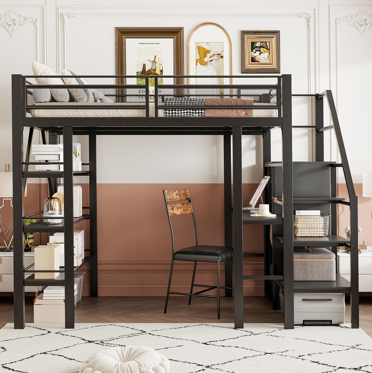 HOCHBETT aus Metall 140x200 cm Schwarz mit Schreibtisch, Kleiderschrank und Stauraumtreppe - Schwarz, Metall (140/200cm) - IVMEU