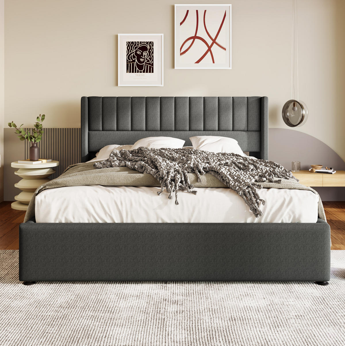 POLSTERBETT mit Bettkasten 180x200 cm Leinen Grau - Grau, Metall (180/200cm) - Meubliv