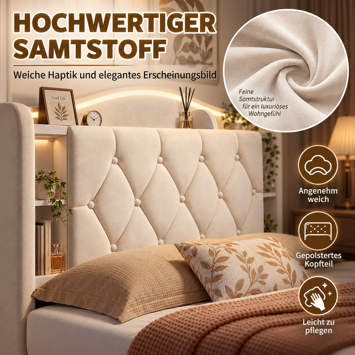 POLSTERBETT 160/200 cm mit Stauraum-Bettkasten, Ablagekopfteil mit Fächern, mehrfarbigem LED & USB, beiger Stoffbezug - Beige, Holz/Metall (160/200cm) - Joyfair